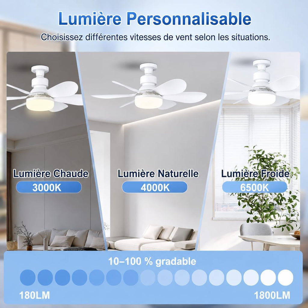 Ceiling Fan with Light and Remote Control, E27 Dimmable 40W LED Fan, 3 Speed, 6 Blades, Quiet, with Base and Extension Rod, Timer, for Bedroom, Living Room, Office, White, 52 cm