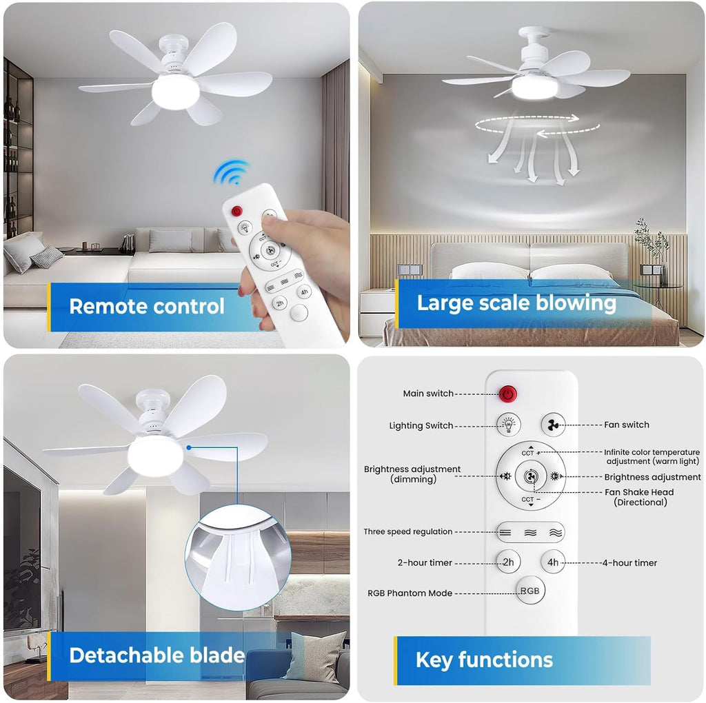 VHV Ceiling Fan with Light and Remote Control, LED Dimmable Ceiling Fan with 40 W E27 Built-In Lamp, 6 Blades, 3 Speed, Silent for Living Room, Bedroom, Bedroom (White)