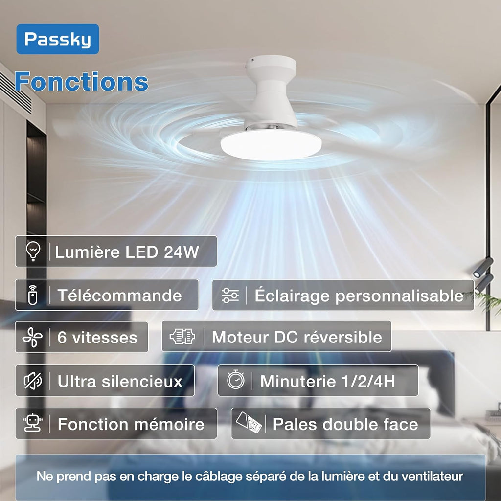 Passky Ceiling Fan 52 Inch with Lighting and Remote Control, Silent DC Motor, 5 Blades, 6 Speed, 3 Color Temperatures, Timer, White
