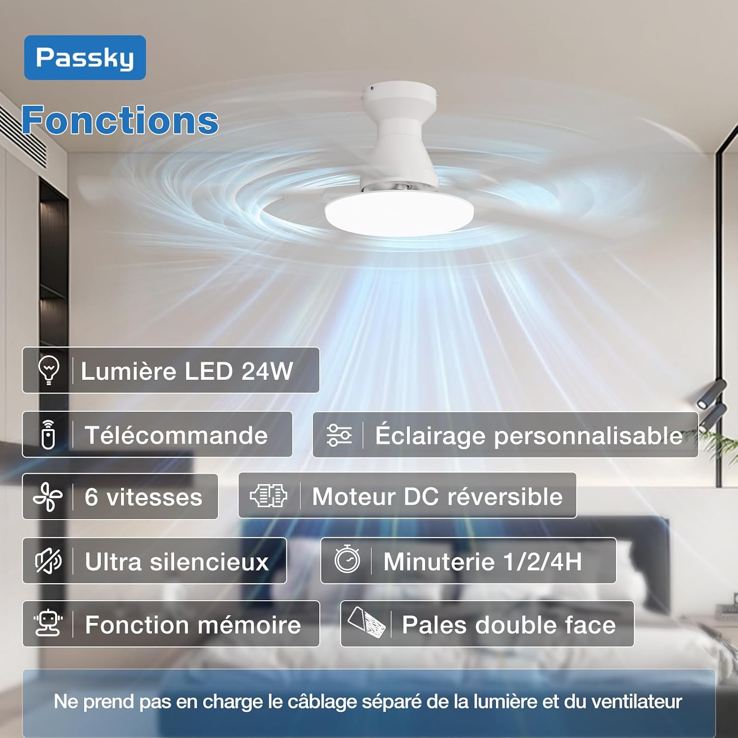 Passky Ceiling Fan 52 Inch with Lighting and Remote Control, Silent DC Motor, 5 Blades, 6 Speed, 3 Color Temperatures, Timer, White