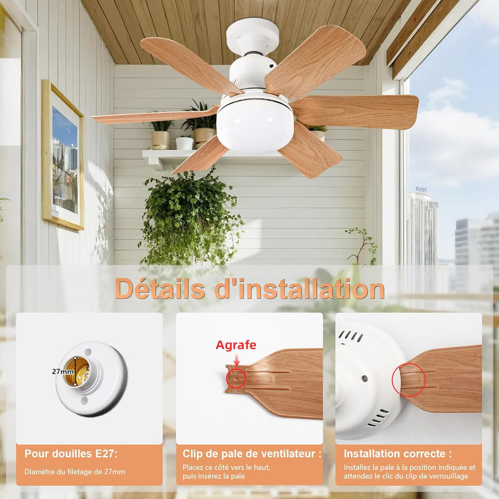 Ceiling Fan with Light, Remote Control, 51 cm, Bedroom Chandelier, Wood Grain, 3 Speed, Continuous Brightness and Colour Temperature Adjustment for Bedrooms, Balconies, Corridors and Living Rooms