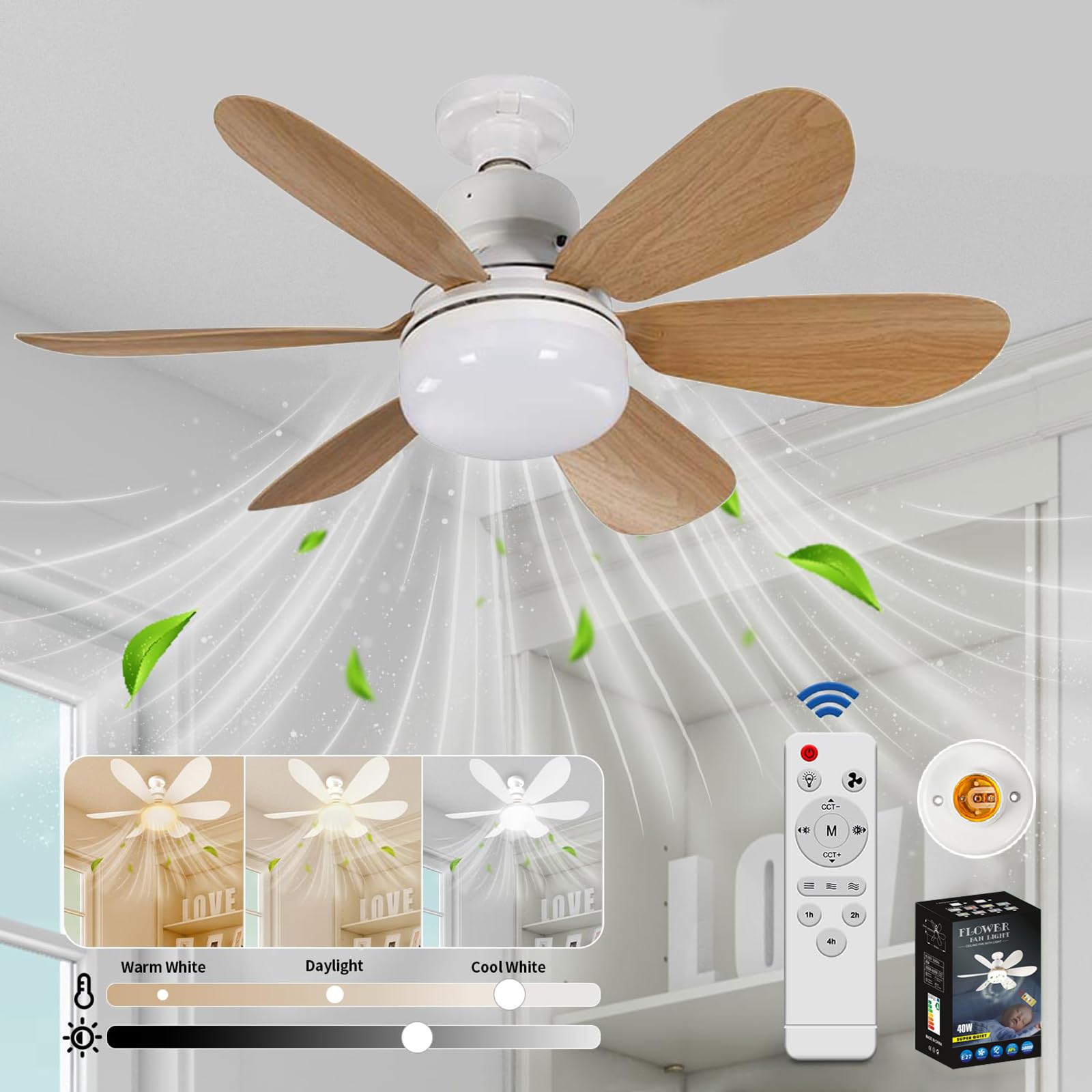 VHV Ceiling Fan with Light and Remote Control, LED Dimmable Ceiling Fan with 40 W E27 Built-In Lamp, 6 Blades, 3 Speed, Silent for Living Room, Bedroom, Bedroom (White)