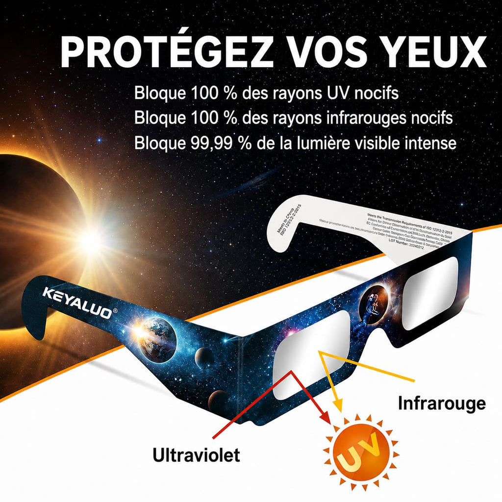 Keyaluo Lunettes eclipse solaire,approuvées AAS 2026, lot de 12 lunettes pour eclipse solaire pour une observation directe du soleil - Certifiées ISO 12312-2:2015(E) & CE