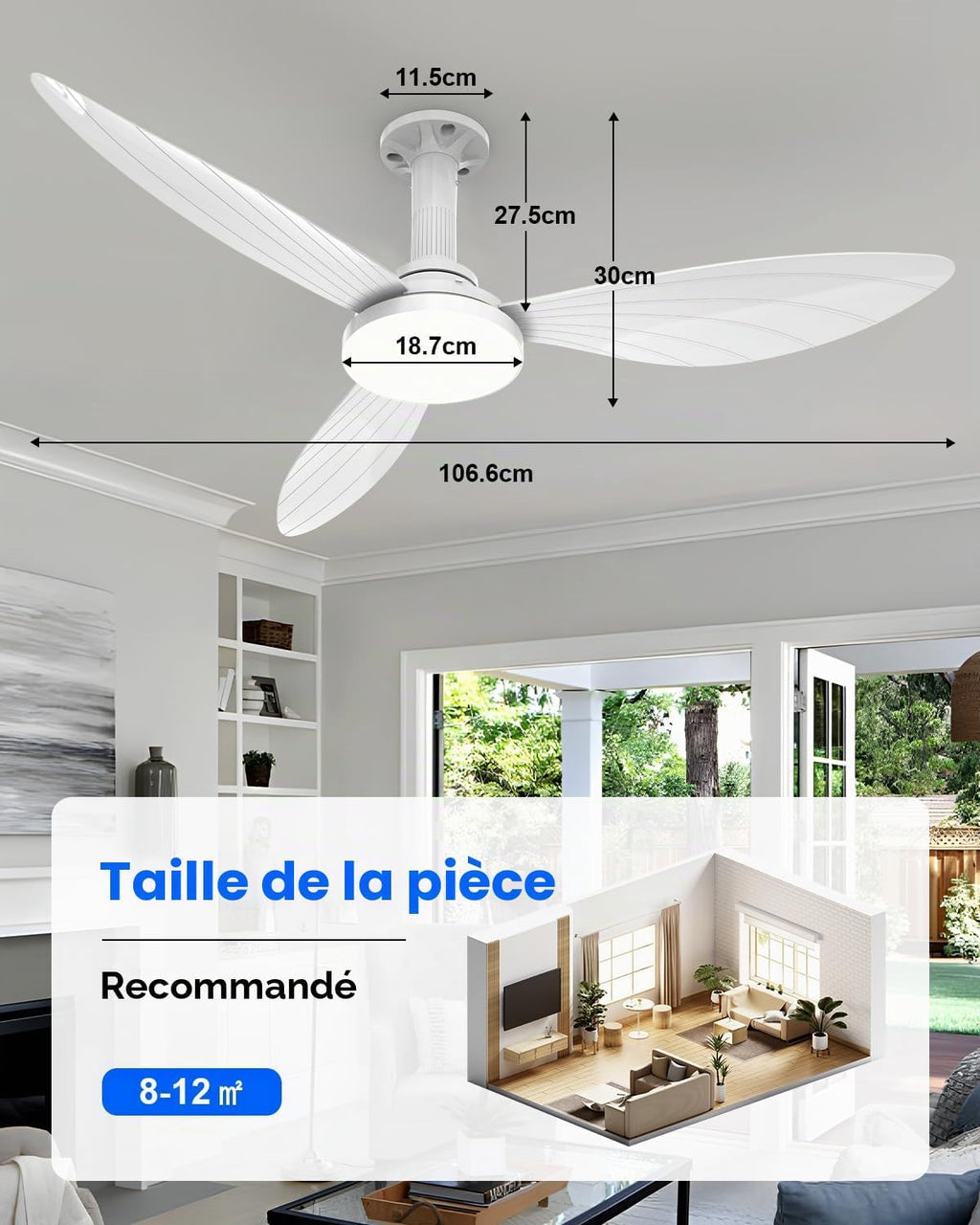 Hisummer 106 cm Ceiling Fan with Light, E27 Connection Only with Base Supplied, Quick Assembly Silent Reversible Ceiling Fan with Remote Control for Bedrooms, Living Rooms, Kitchens