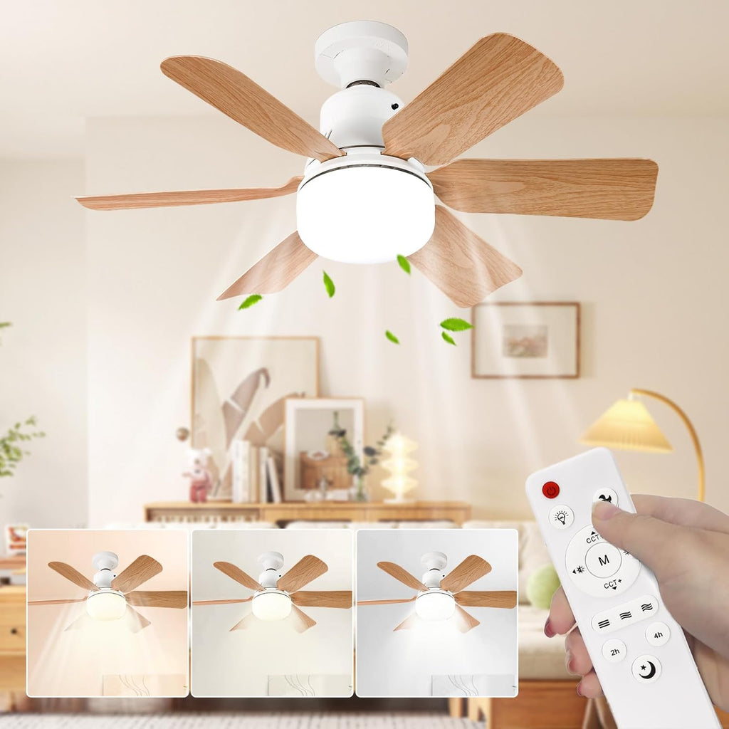 Ceiling Fan with Light, Remote Control, 51 cm, Bedroom Chandelier, Wood Grain, 3 Speed, Continuous Brightness and Colour Temperature Adjustment for Bedrooms, Balconies, Corridors and Living Rooms