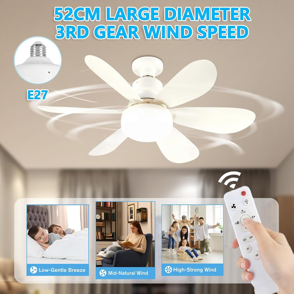 VHV Ceiling Fan with Light and Remote Control, LED Dimmable Ceiling Fan with 40 W E27 Built-In Lamp, 6 Blades, 3 Speed, Silent for Living Room, Bedroom, Bedroom (White)