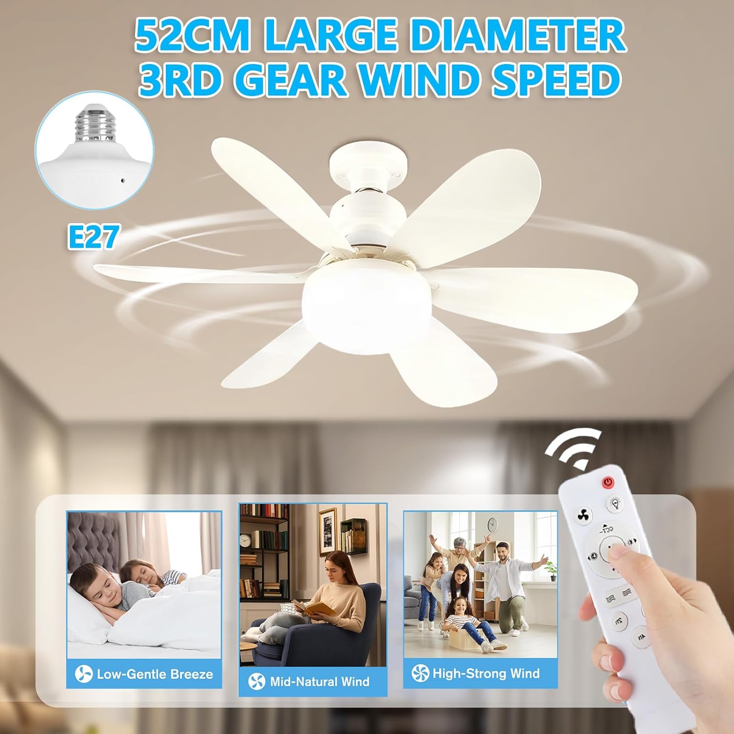 VHV Ceiling Fan with Light and Remote Control, LED Dimmable Ceiling Fan with 40 W E27 Built-In Lamp, 6 Blades, 3 Speed, Silent for Living Room, Bedroom, Bedroom (White)