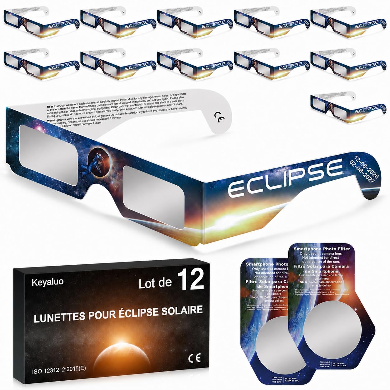 Keyaluo Lunettes eclipse solaire,approuvées AAS 2026, lot de 12 lunettes pour eclipse solaire pour une observation directe du soleil - Certifiées ISO 12312-2:2015(E) & CE