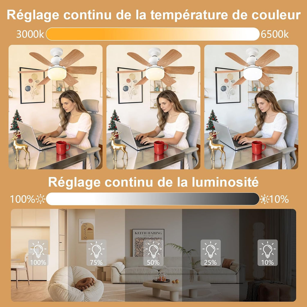 Ceiling Fan with Light, Remote Control, 51 cm, Bedroom Chandelier, Wood Grain, 3 Speed, Continuous Brightness and Colour Temperature Adjustment for Bedrooms, Balconies, Corridors and Living Rooms