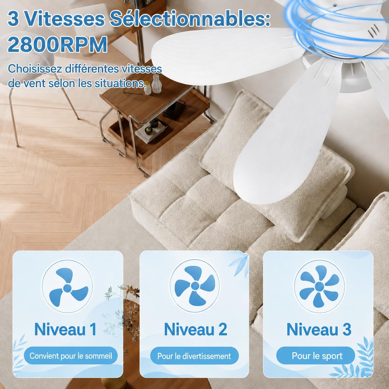 Ceiling Fan with Light and Remote Control, E27 Dimmable 40W LED Fan, 3 Speed, 6 Blades, Quiet, with Base and Extension Rod, Timer, for Bedroom, Living Room, Office, White, 52 cm