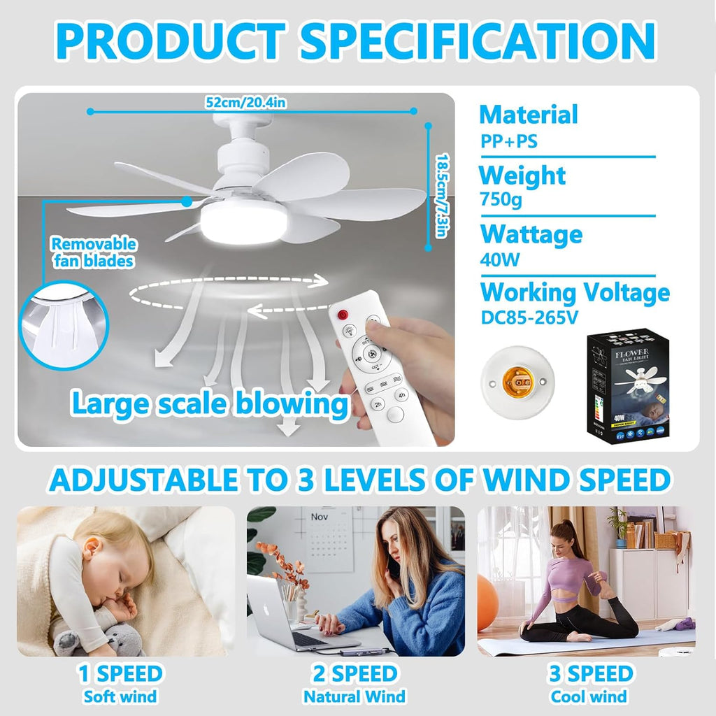 VHV Ceiling Fan with Light and Remote Control, LED Dimmable Ceiling Fan with 40 W E27 Built-In Lamp, 6 Blades, 3 Speed, Silent for Living Room, Bedroom, Bedroom (White)