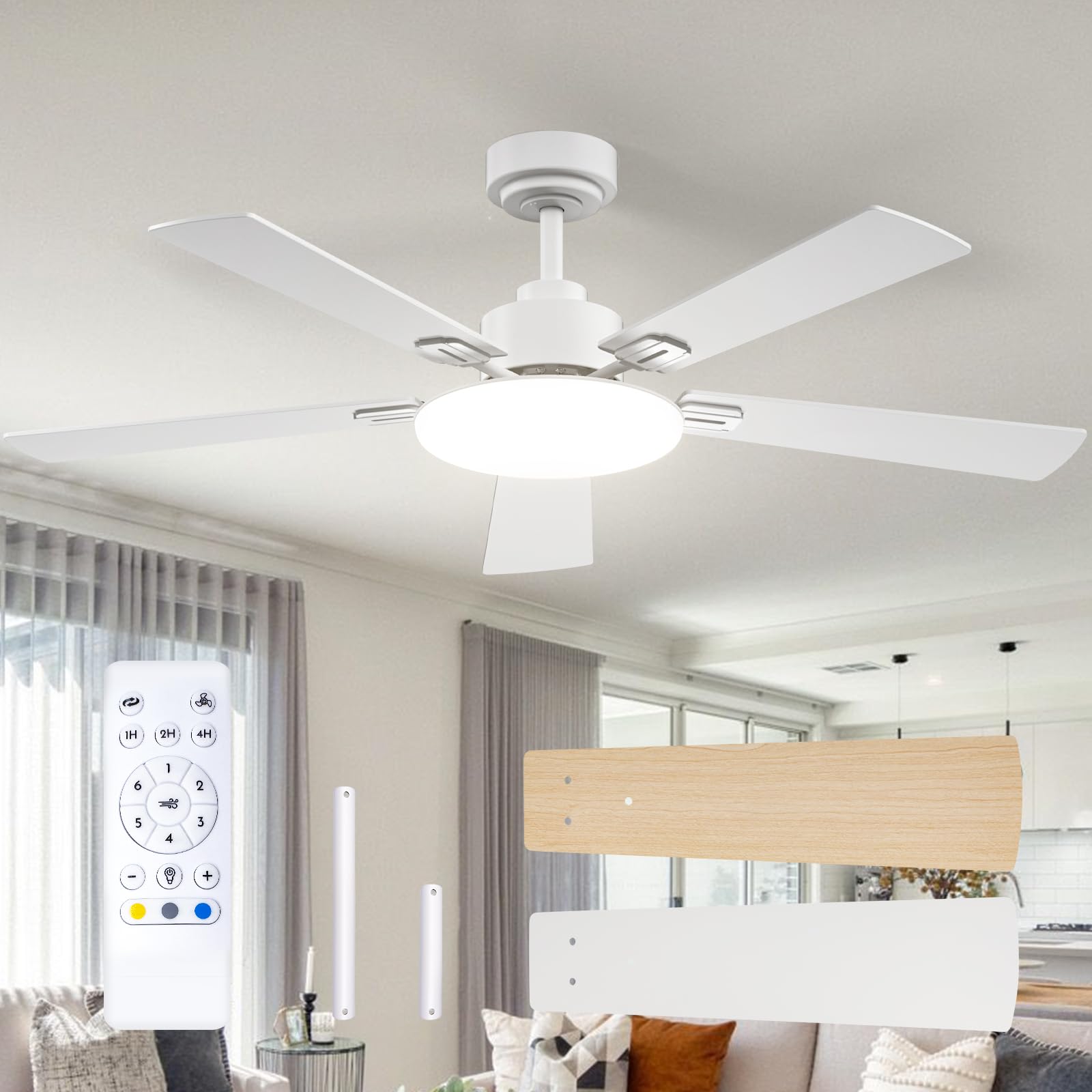 Passky Ceiling Fan 52 Inch with Lighting and Remote Control, Silent DC Motor, 5 Blades, 6 Speed, 3 Color Temperatures, Timer, White