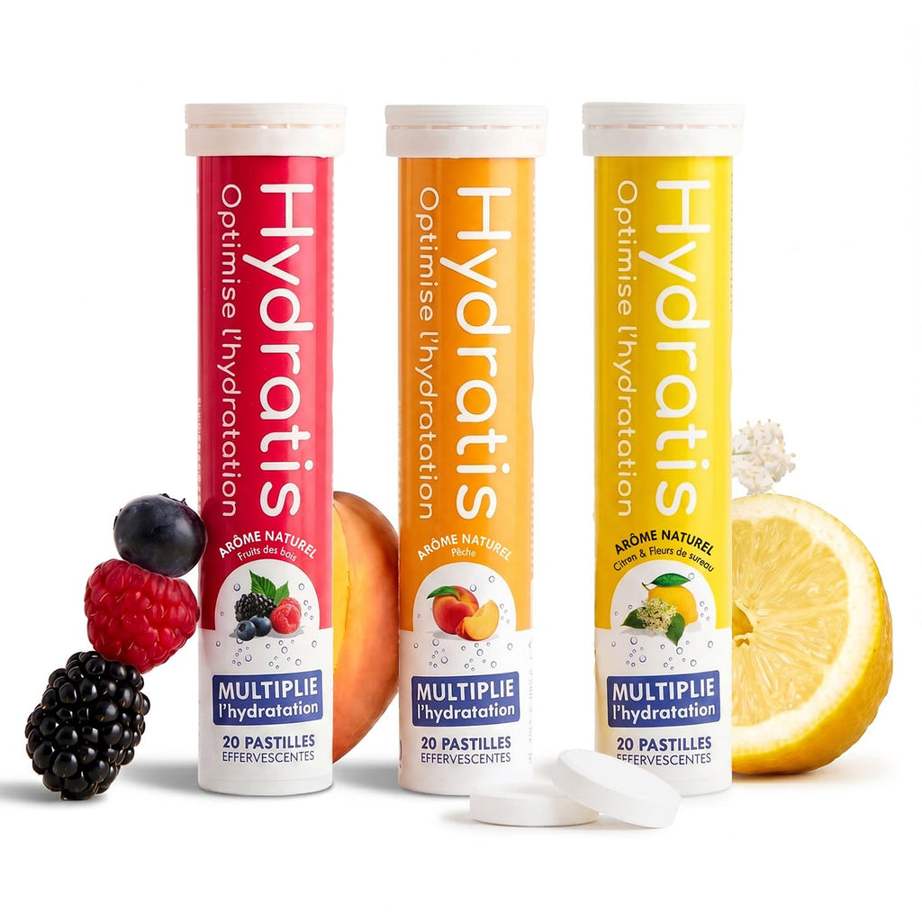 HYDRATIS - Pastilles Hydratation Electrolytes - Mix Fruits des Bois + Pêche + Citron/Sureau - Améliore l'Hydratation et Favorise l'Énergie - Sport, Récupération - 3 tubes (60 Pastilles)