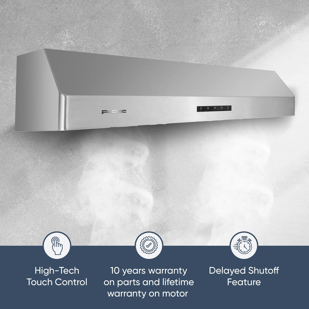 Pacific Economy Pro Under Cabinet Ducted Range Hood 30 inch - 850 CFM 3-Speed Powerful Kitchen Vent Hood - Electric Stainless Steel - Ultra Quiet, Glass Touch Control, 6W LED Lights PR6830AS