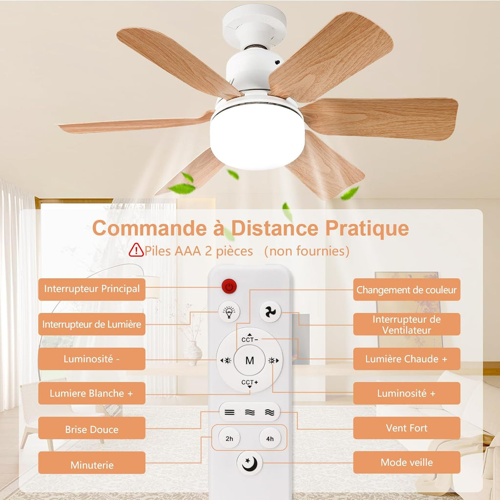 Ceiling Fan with Light, Remote Control, 51 cm, Bedroom Chandelier, Wood Grain, 3 Speed, Continuous Brightness and Colour Temperature Adjustment for Bedrooms, Balconies, Corridors and Living Rooms