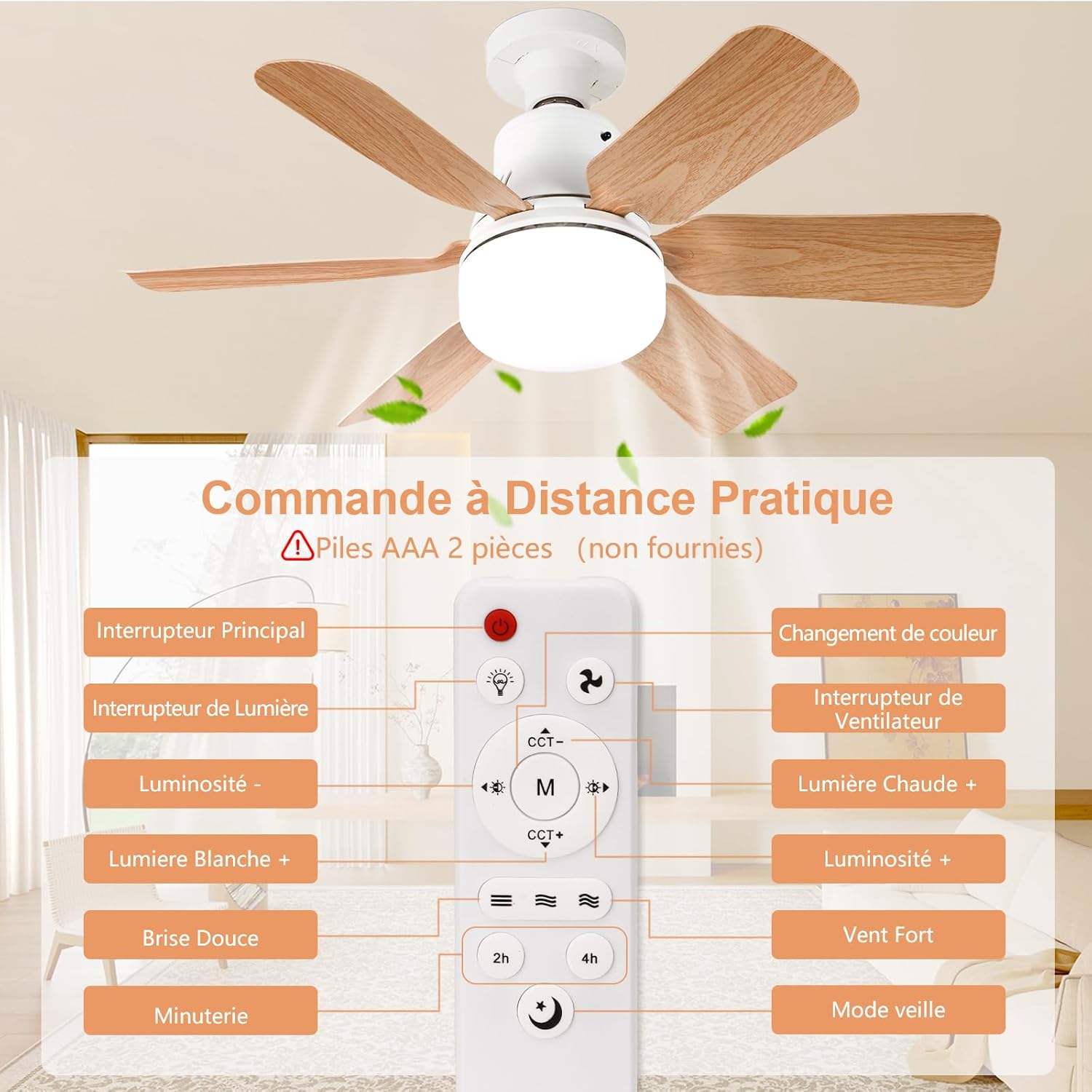 Ceiling Fan with Light, Remote Control, 51 cm, Bedroom Chandelier, Wood Grain, 3 Speed, Continuous Brightness and Colour Temperature Adjustment for Bedrooms, Balconies, Corridors and Living Rooms