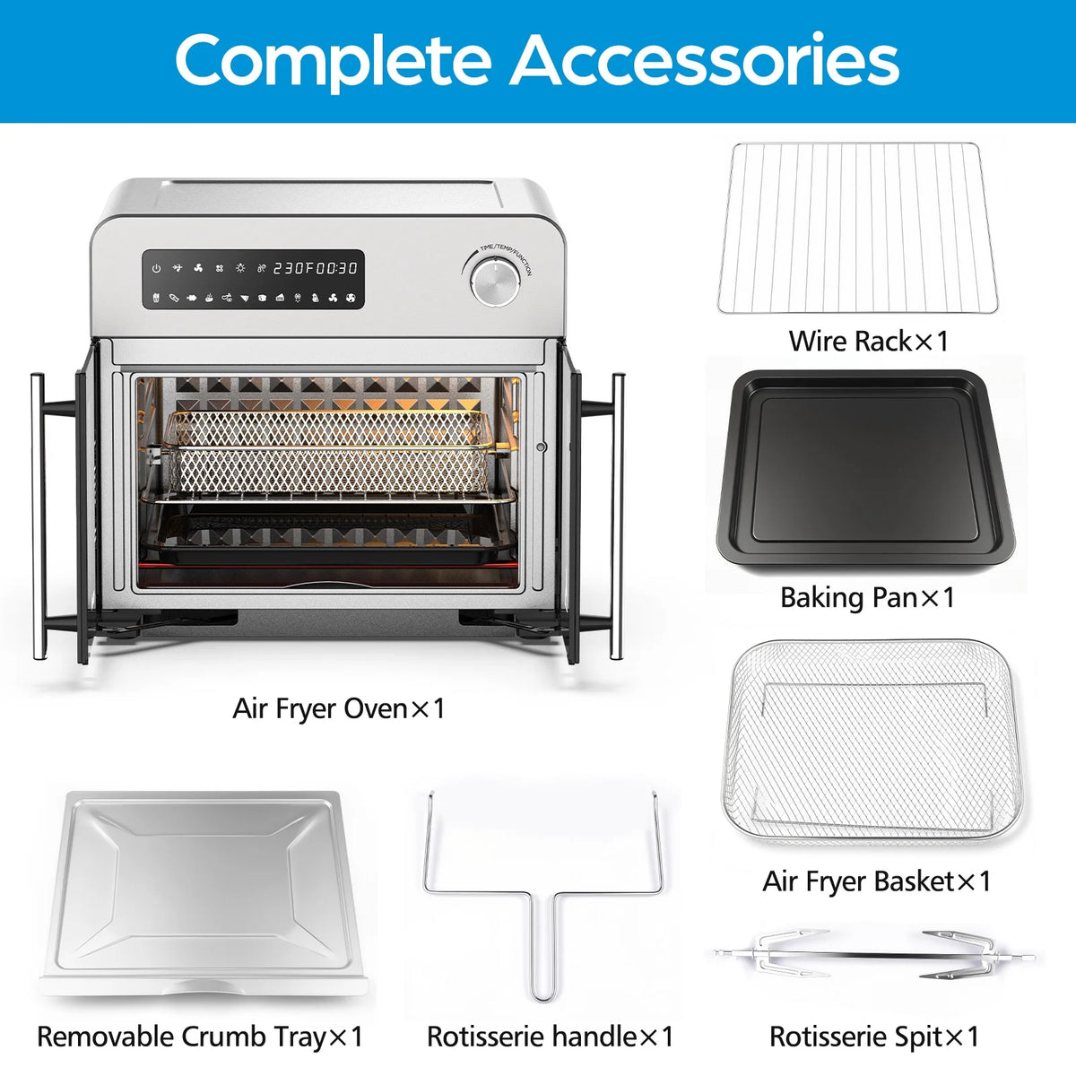 OSTBA French Door Air Fryer Toaster Oven Combo, Airfryer Convection Oven Countertop 10-in-1 Combo, 30% Faster 90% Less Oil, 102 Recipes & 7 Accessories Included 24 QT Stainless Steel