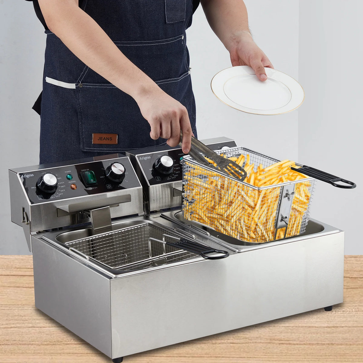 Yesurprise 6/10/12L Commercial Electric Deep Fryer Dual Tank w/Basket & Lid Countertop Stainless Steel Deep Fryer for Large Tank French Fries Onion Rings