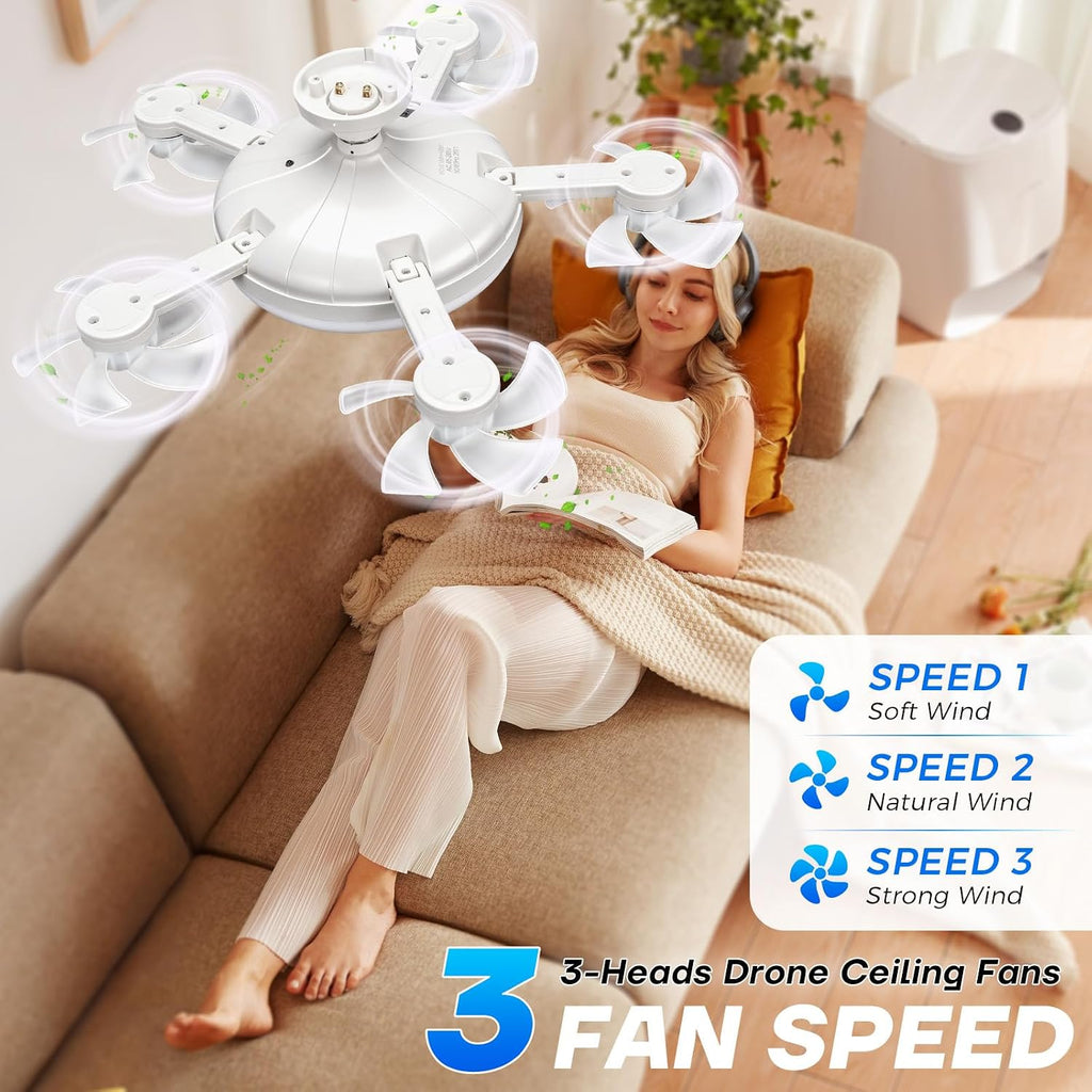 Roadtime Ceiling Fan with LED Light, Foldable 5 Blades Drone Type E27 80W, 3 Speed, Adjustable Lighting 3000-6500K, Remote Control, Timer, Silent Ø54 cm for Bedroom, Living Room, Kitchen