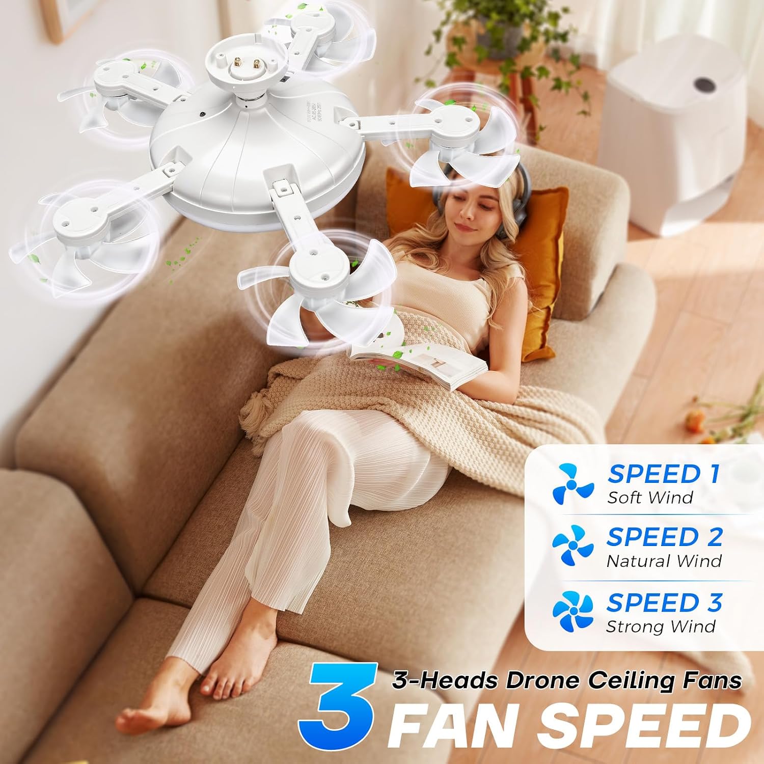Roadtime Ceiling Fan with LED Light, Foldable 5 Blades Drone Type E27 80W, 3 Speed, Adjustable Lighting 3000-6500K, Remote Control, Timer, Silent Ø54 cm for Bedroom, Living Room, Kitchen