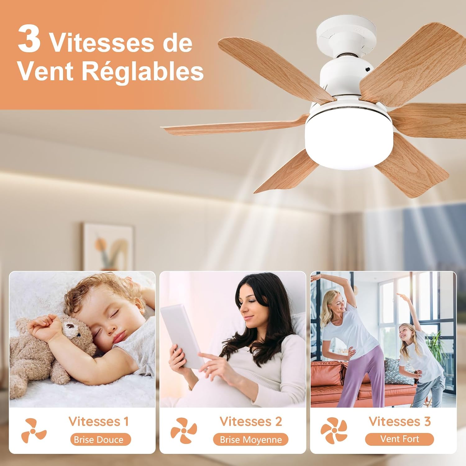 Ceiling Fan with Light, Remote Control, 51 cm, Bedroom Chandelier, Wood Grain, 3 Speed, Continuous Brightness and Colour Temperature Adjustment for Bedrooms, Balconies, Corridors and Living Rooms
