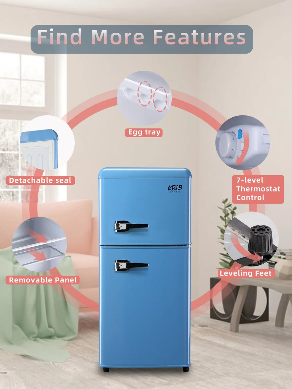 Krib B Compact Refrigerator 3.5 Cu.ft, Mini Fridge with Freezer, Modern Fridge with Dual Door, 7 Grade Temperature Adjustment, Silver