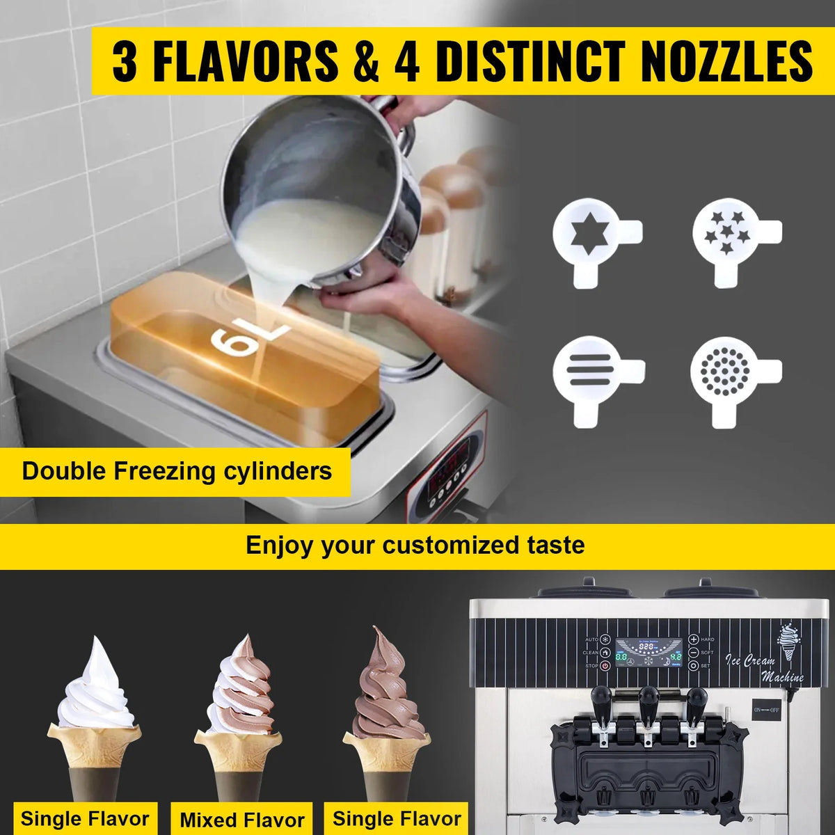 SIHAO 1200W Commercial Ice Cream Machine Countertop 18L/H Soft Serve Ice Cream Maker with LED Display