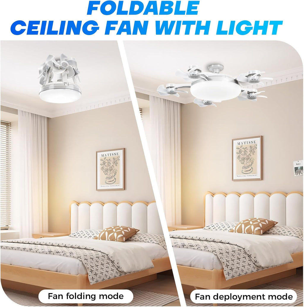 Roadtime Ceiling Fan with LED Light, Foldable 5 Blades Drone Type E27 80W, 3 Speed, Adjustable Lighting 3000-6500K, Remote Control, Timer, Silent Ø54 cm for Bedroom, Living Room, Kitchen