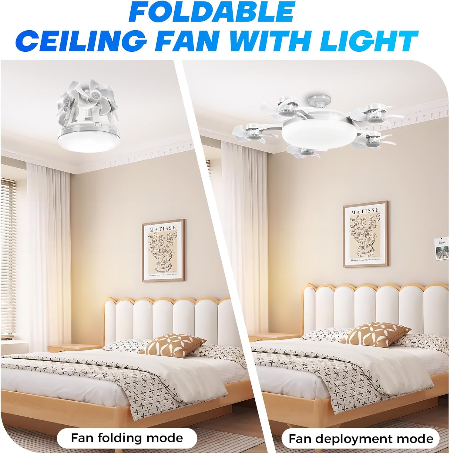 Roadtime Ceiling Fan with LED Light, Foldable 5 Blades Drone Type E27 80W, 3 Speed, Adjustable Lighting 3000-6500K, Remote Control, Timer, Silent Ø54 cm for Bedroom, Living Room, Kitchen