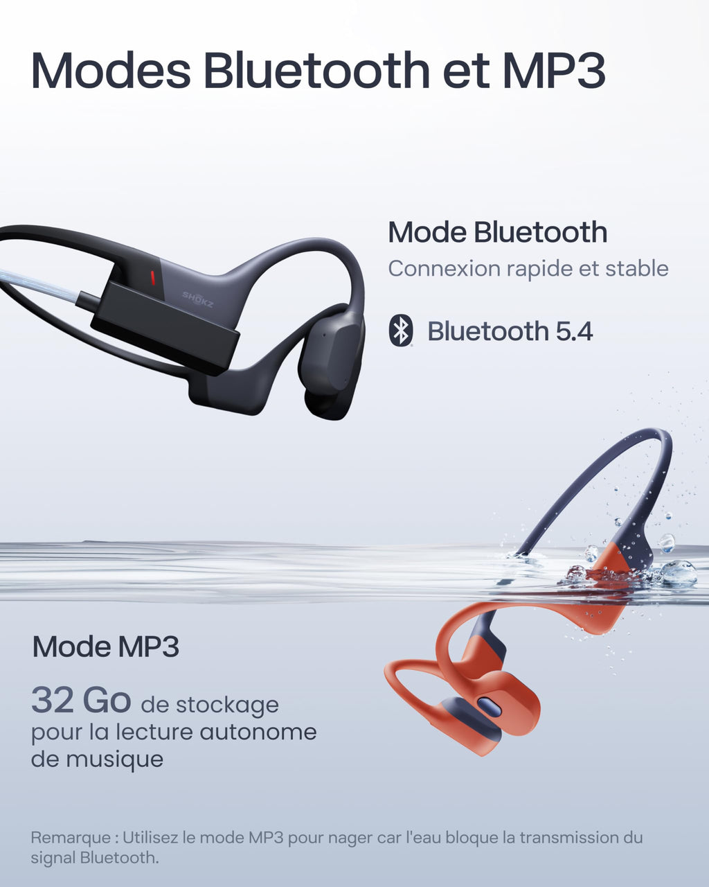 SHOKZ OpenSwim Pro Casque à Conduction osseuse, 9 h d’autonomie - Gris