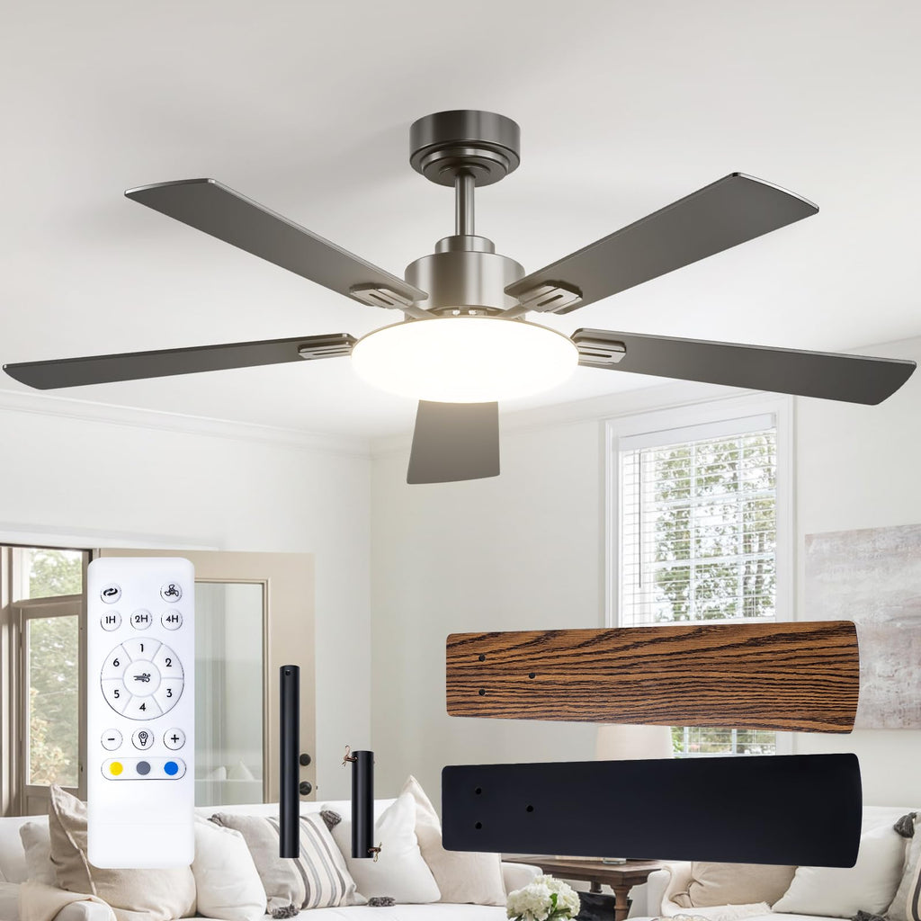 Passky Ceiling Fan 52 Inch with Lighting and Remote Control, Silent DC Motor, 5 Blades, 6 Speed, 3 Color Temperatures, Timer, White