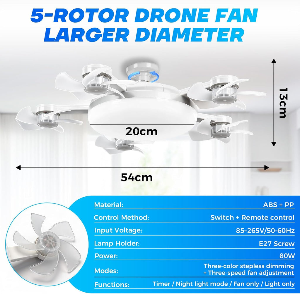 Roadtime Ceiling Fan with LED Light, Foldable 5 Blades Drone Type E27 80W, 3 Speed, Adjustable Lighting 3000-6500K, Remote Control, Timer, Silent Ø54 cm for Bedroom, Living Room, Kitchen