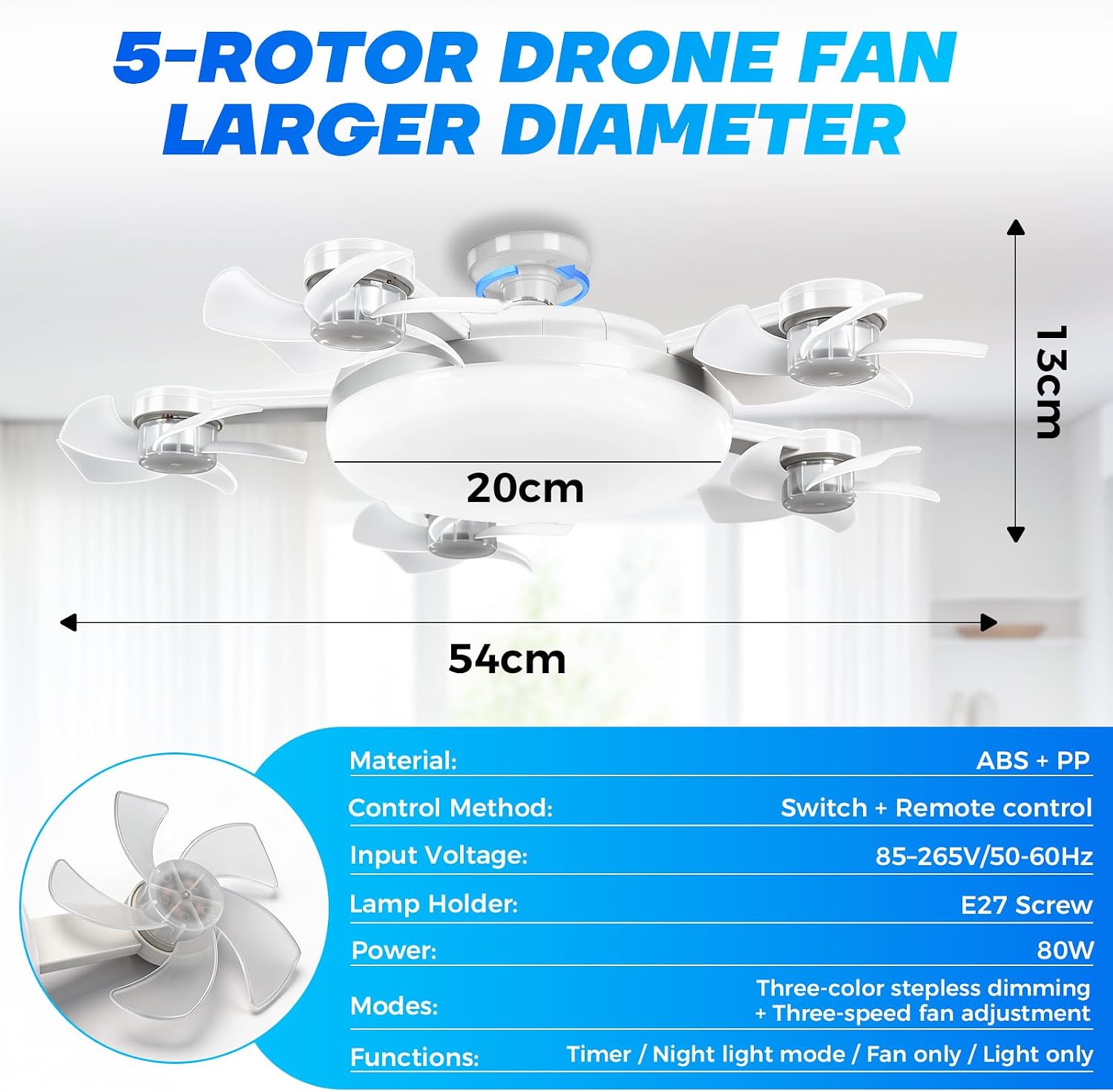 Roadtime Ceiling Fan with LED Light, Foldable 5 Blades Drone Type E27 80W, 3 Speed, Adjustable Lighting 3000-6500K, Remote Control, Timer, Silent Ø54 cm for Bedroom, Living Room, Kitchen