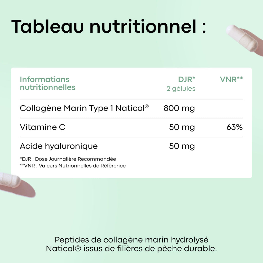 Collagene Marin + Acide Hyaluronique + Vitamine C, 120 Gélules - 2 Mois