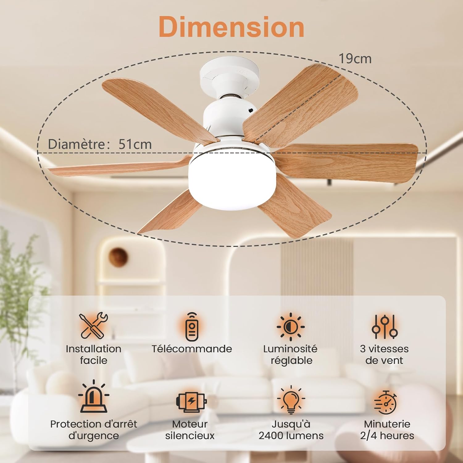 Ceiling Fan with Light, Remote Control, 51 cm, Bedroom Chandelier, Wood Grain, 3 Speed, Continuous Brightness and Colour Temperature Adjustment for Bedrooms, Balconies, Corridors and Living Rooms