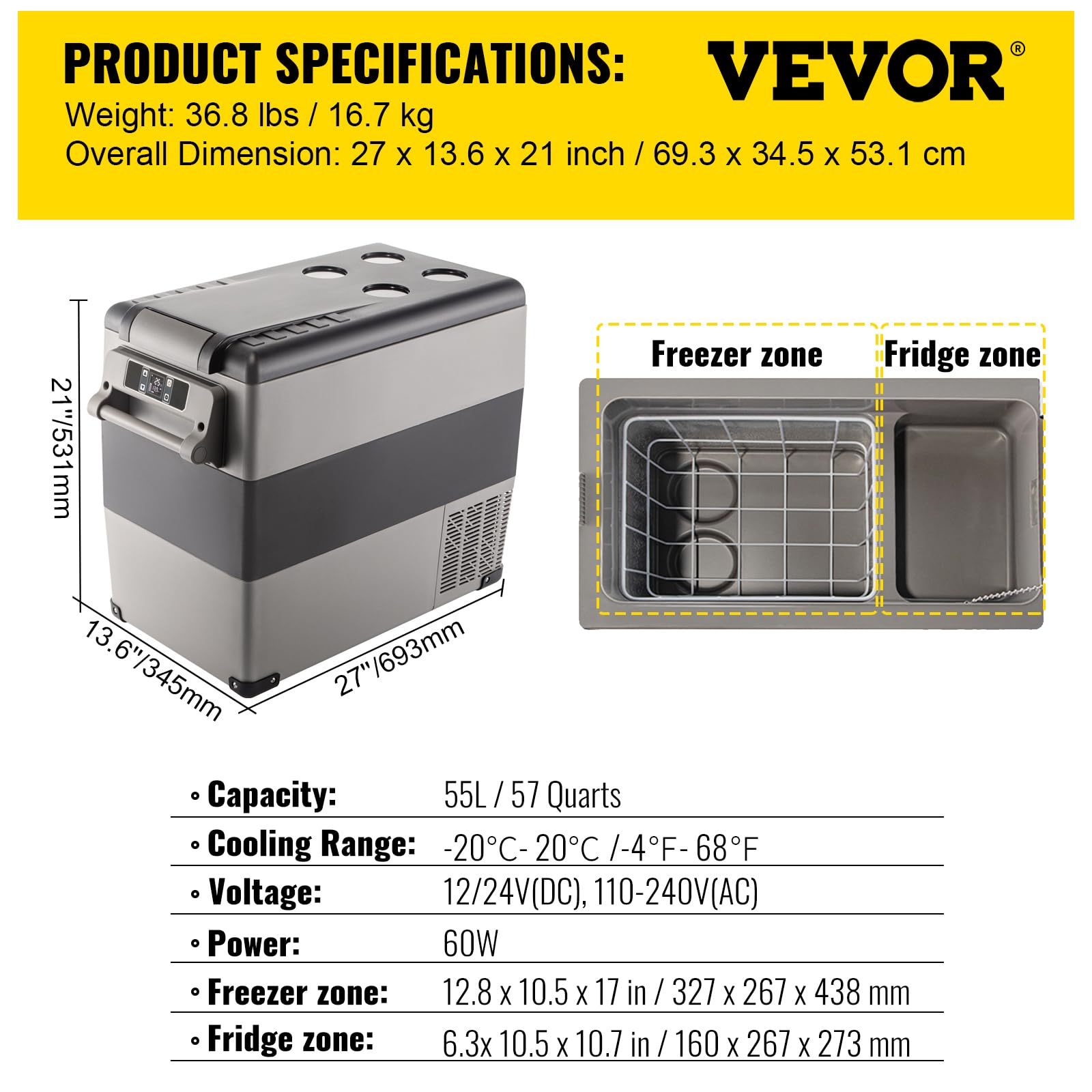 VEVOR Glacière Électrique Voiture, 55 L, Réfrigérateur Portable à Compression, Mini Frigo, 69x34,5x53,1 cm