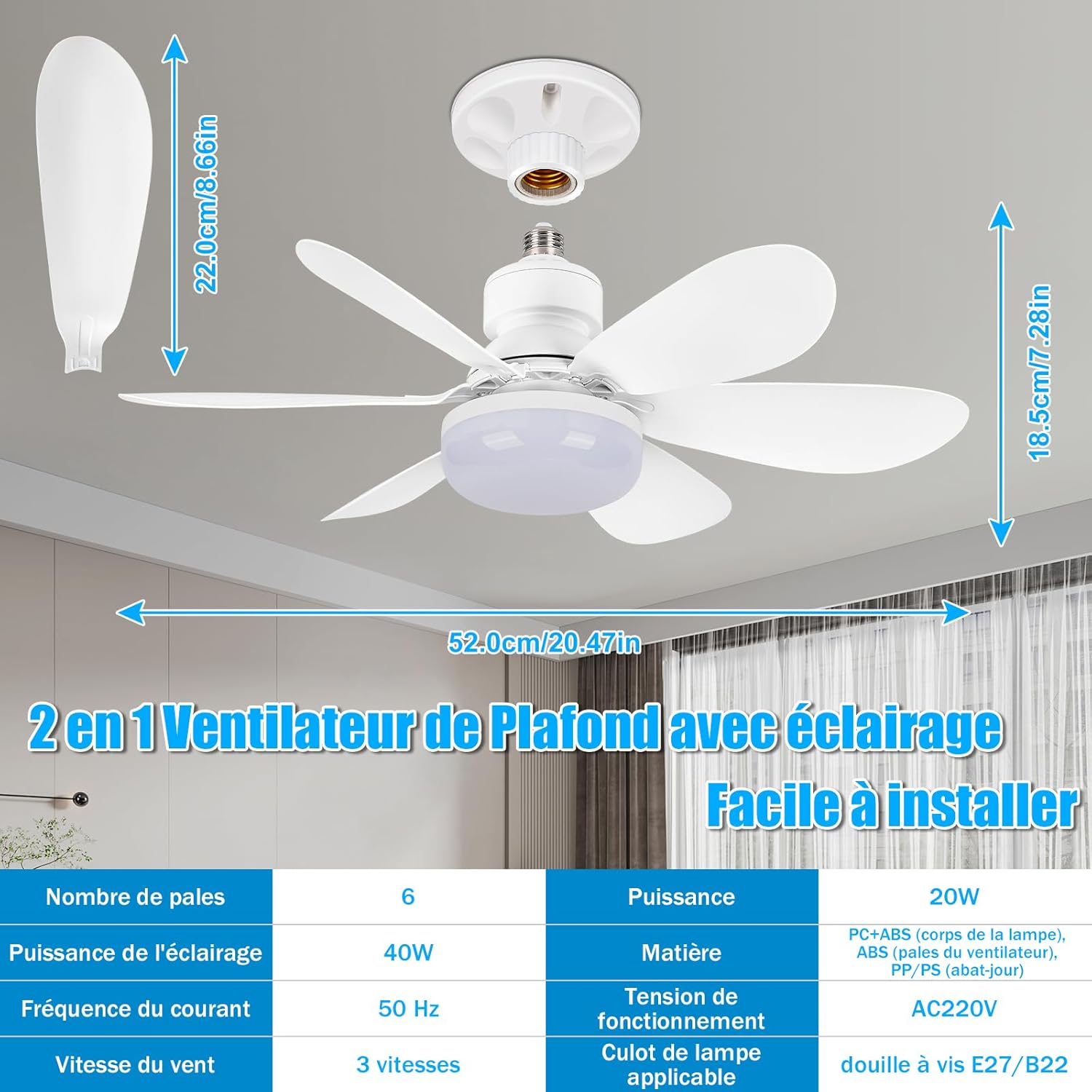 BuzzoXerex Ceiling Fan with Light and Remote Control, 52CM 40W Small Dimmable LED Fan, 2000LM, 3 Colours 3000-6500K, 3 Speed, E27 Socket for Bedroom, Kitchen, Bathroom