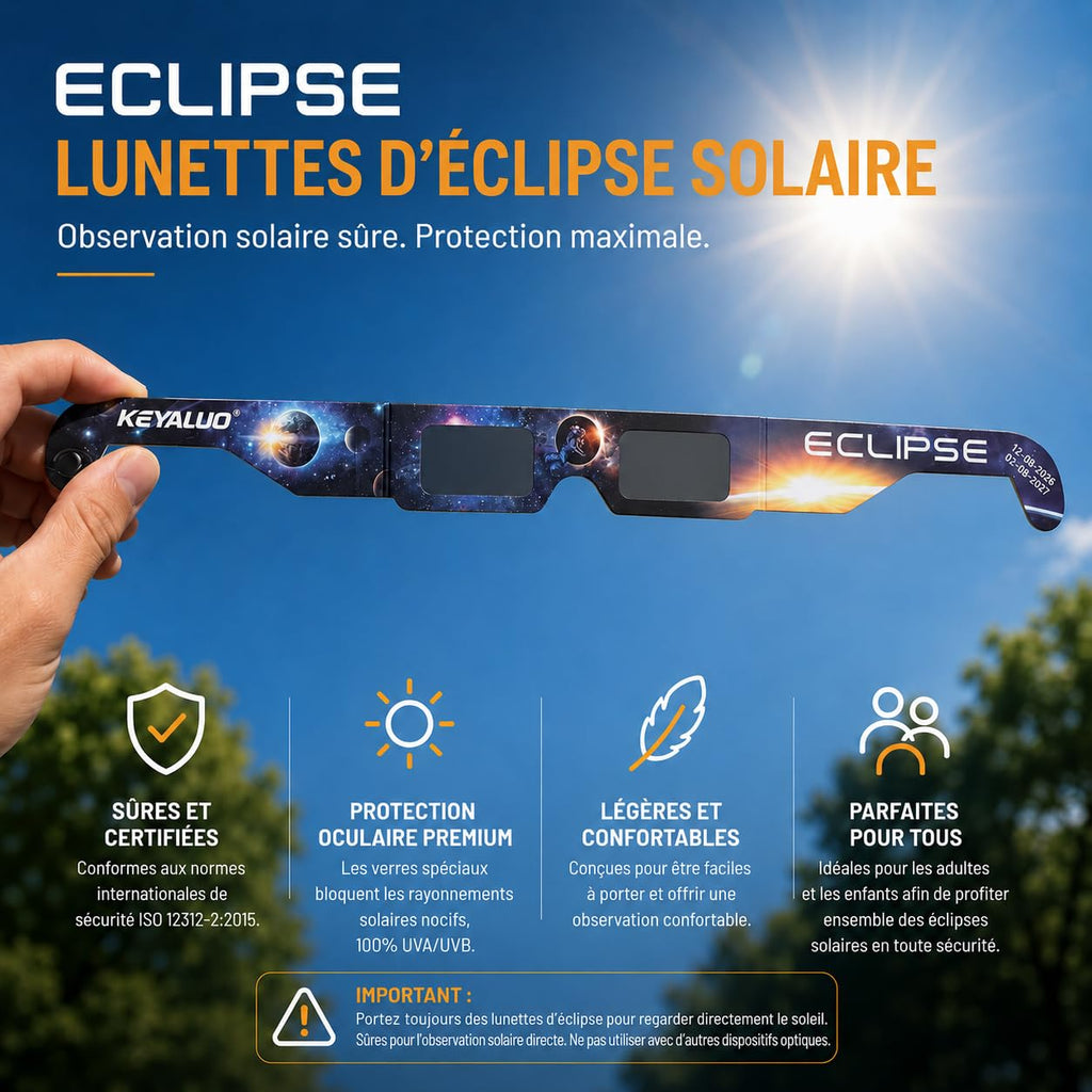 Keyaluo Lunettes eclipse solaire,approuvées AAS 2026, lot de 12 lunettes pour eclipse solaire pour une observation directe du soleil - Certifiées ISO 12312-2:2015(E) & CE