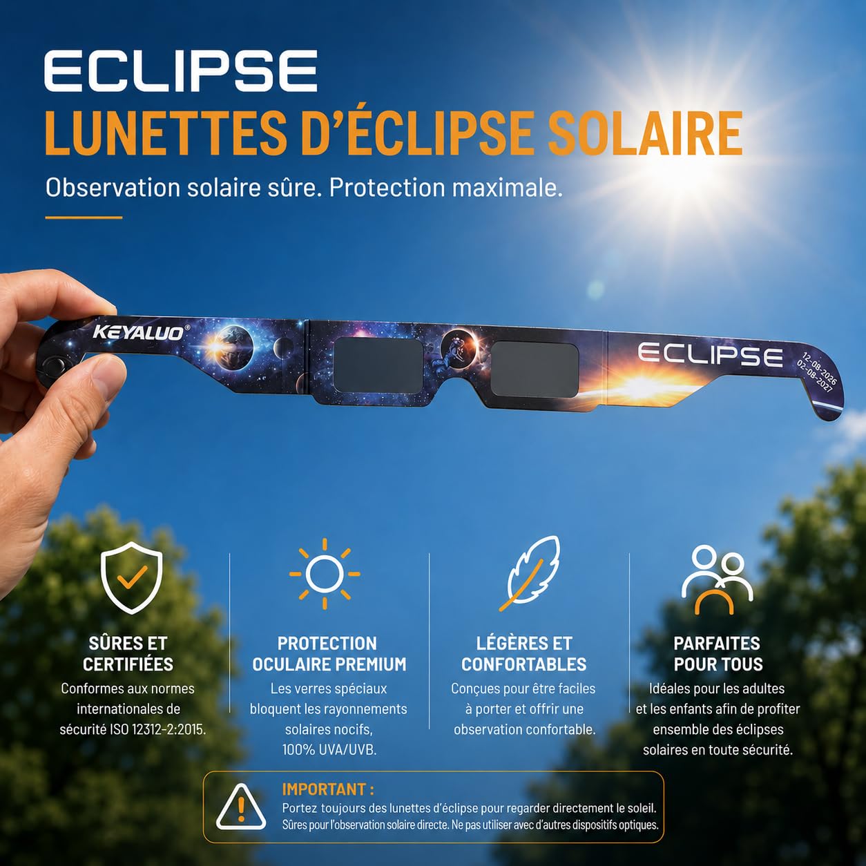 Keyaluo Lunettes eclipse solaire,approuvées AAS 2026, lot de 12 lunettes pour eclipse solaire pour une observation directe du soleil - Certifiées ISO 12312-2:2015(E) & CE