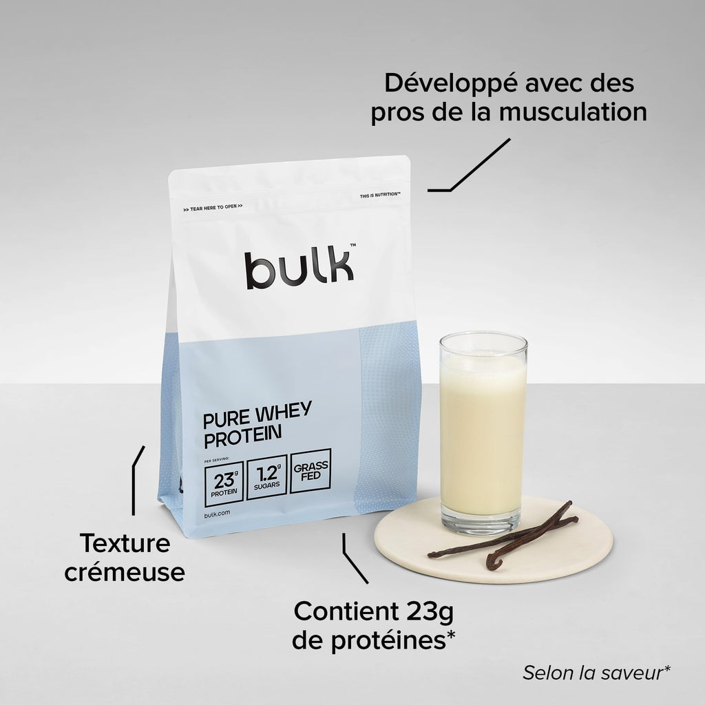 Bulk Pure Whey Protéine en Poudre, Vanille, 23g Protéines 5g BCAA portion, Shake de Whey, Faible en sucre, Favorise la croissance la récupération musculaires, Mélange facile, 1kg
