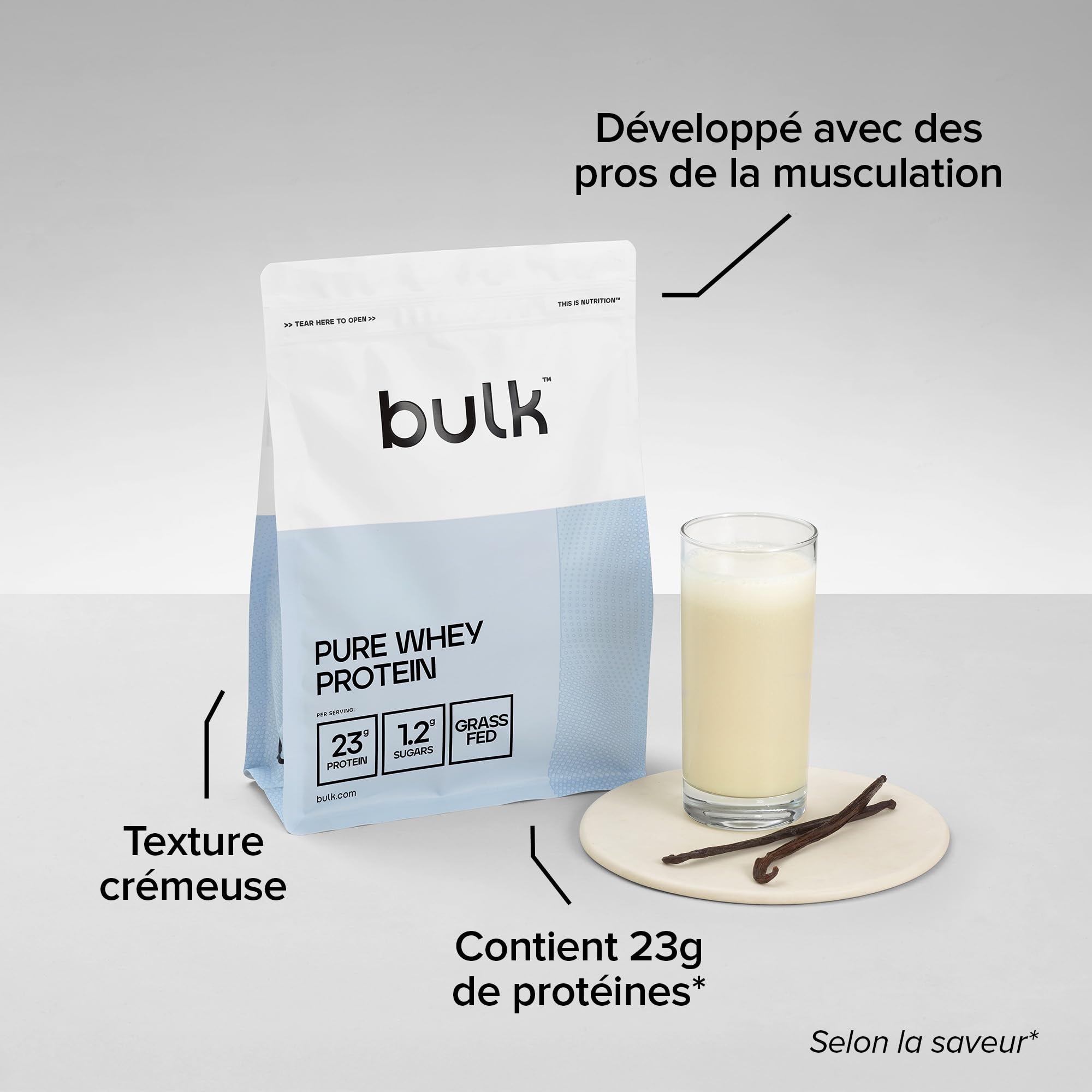 Bulk Pure Whey Protéine en Poudre, Vanille, 23g Protéines 5g BCAA portion, Shake de Whey, Faible en sucre, Favorise la croissance la récupération musculaires, Mélange facile, 1kg