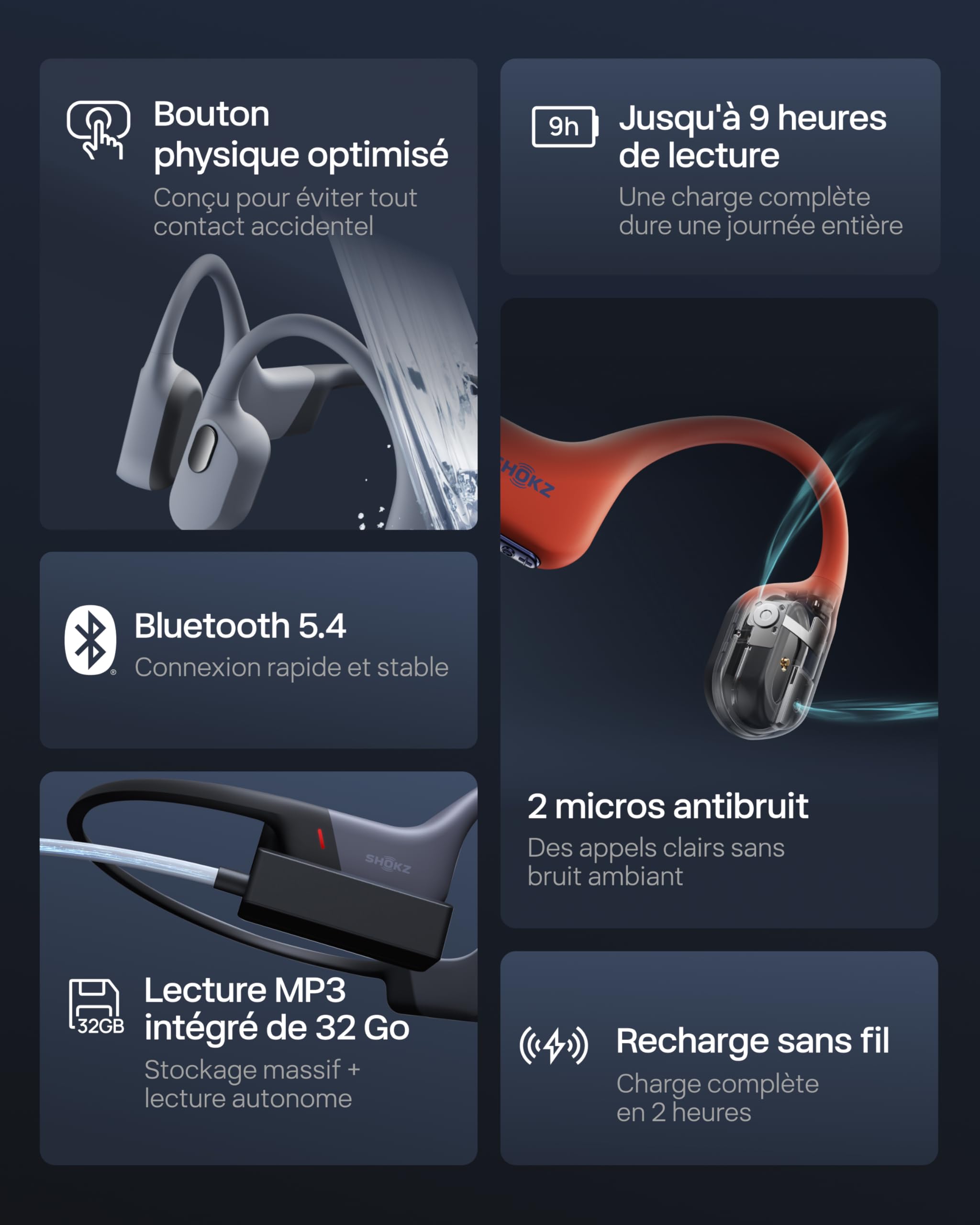 SHOKZ OpenSwim Pro Casque à Conduction osseuse, 9 h d’autonomie - Gris