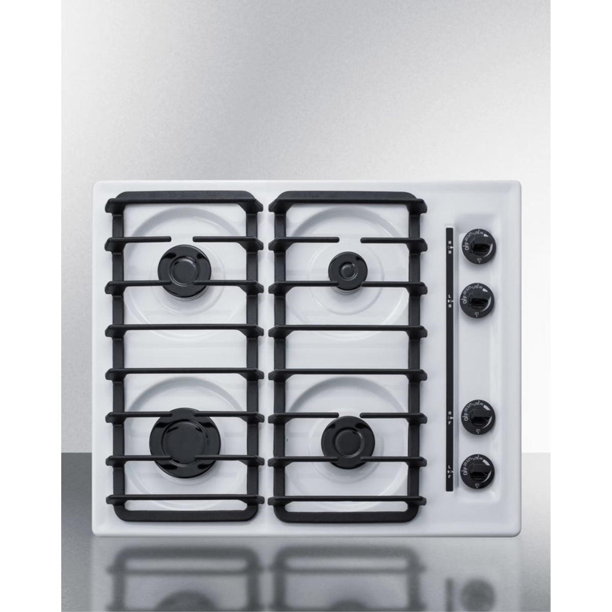 24" wide gas cooktop with four sealed burners, white porcelain surface, and cast iron grates; made in the USA