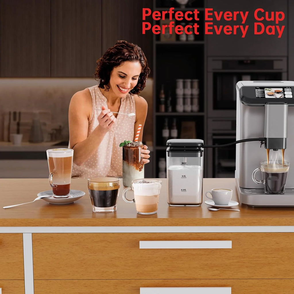 Full Automatic Espresso Machine with Built-In Grinder & Milk Frother - FTF Touchscreen Coffee Maker for Latte/Cappuccino, 20 Bar Pressur & 1.5L Water Tank, 1350W, Grey