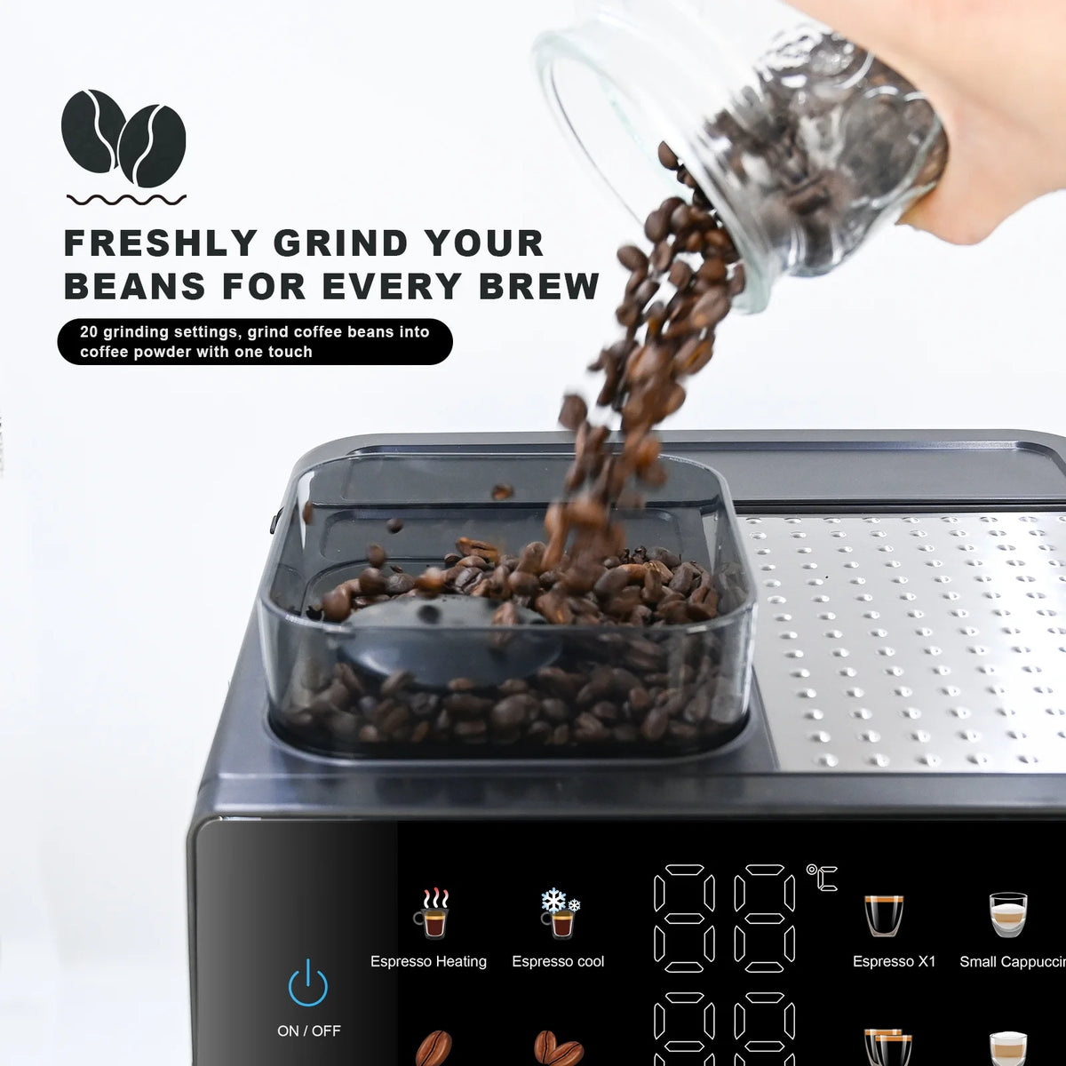 Bluebow All-in-One Espresso Machine with Grinder, 20-Bar Automatic Coffee Maker, Built-in Milk Frother for Latte & Cappuccino, Single/Double Shot