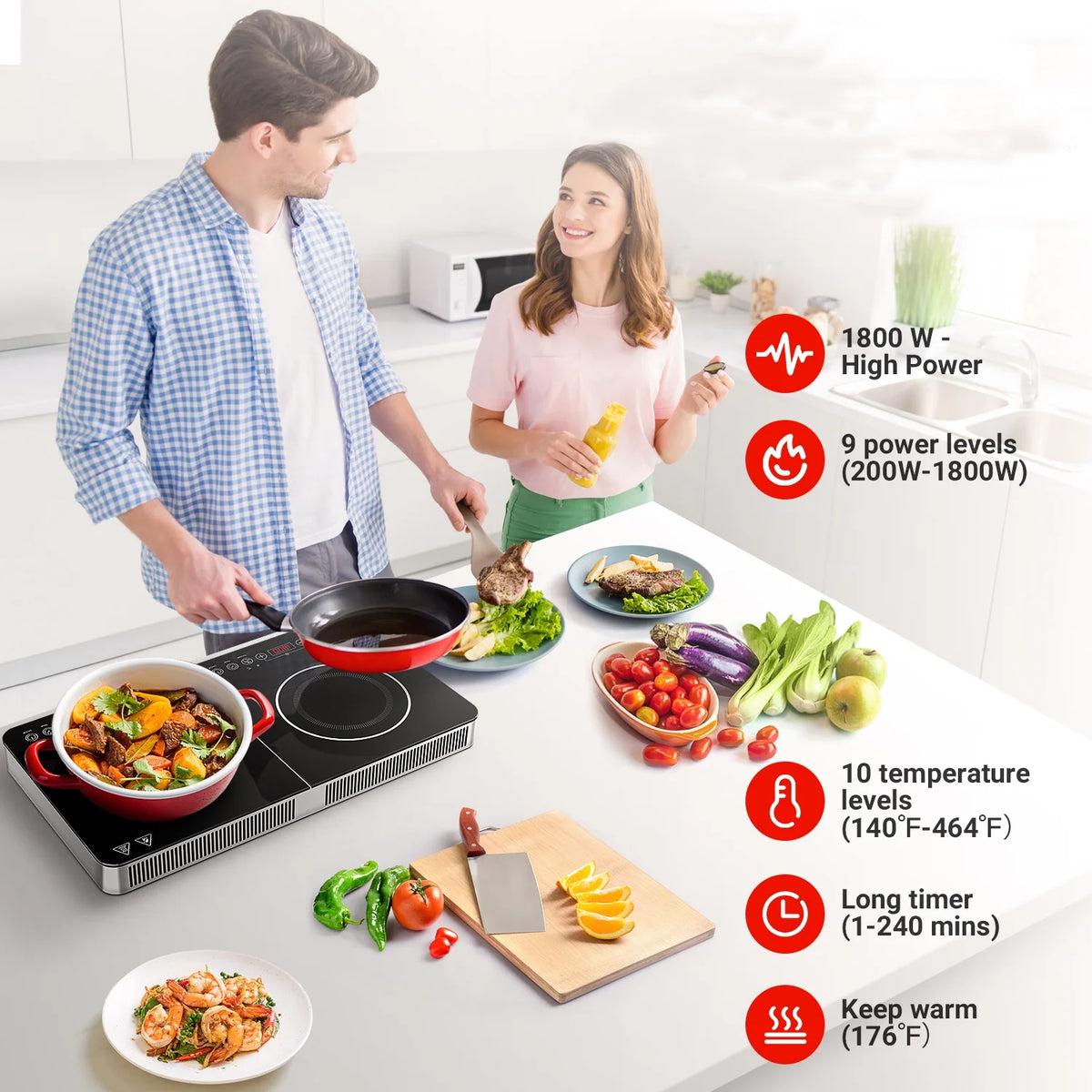 Electric Double Induction Cooktop, 1800W Portable Induction Cooktop with 2 Burners