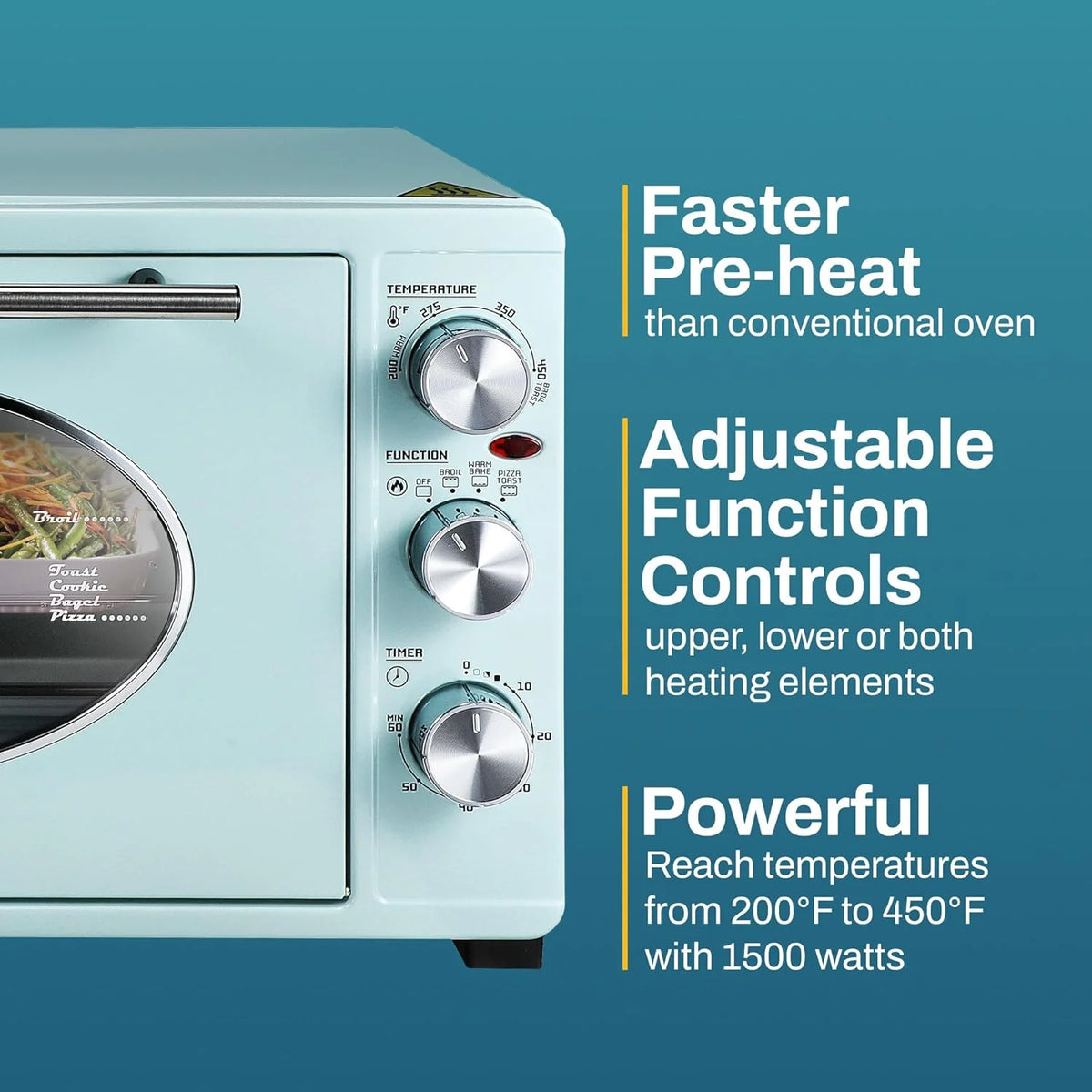 Elite Gourmet Americana by Elite ETO3300M Vintage 50��s Diner Retro Countertop Toaster oven, Bake, Broil, Toast, Fits 12�� Pizza, Temperature Control & Adjustable 60-Minute Timer 1500W, 8-slice, Mint