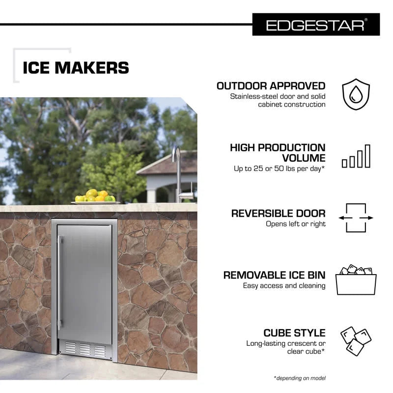 Edgestar Ib250od 15" Wide 20 Lbs. Capacity Built-In Ice Maker - Stainless Steel