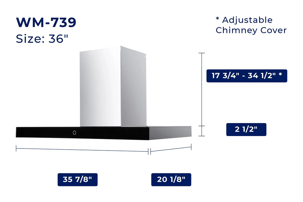 Hauslane Chef Series WM-739 30-inch Wall Mount Range Hood | T-Style with Black Glass Panel | 3 Speed, Professional Suction, Touch Control, Baffle Filters | Vented or Ductless