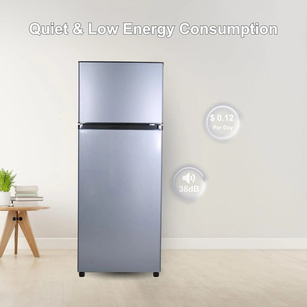GGTB 3.5 Cu.Ft Fridge with Freezer, Double Door Refrigerator with 6 Level Thermostat, LED Light, Adjustable Glass Shelves for Bedroom, Office, Dorm, Apartment, Silver